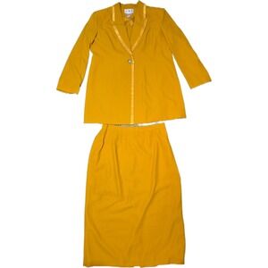 Vintage G.M.I. Skirt Suit Set Women 18‎ Mustard Yellow  Rhinestone Satin Trim